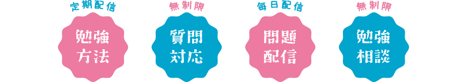 定期配信（勉強方法）、無制限（質問対応）、毎日配信（問題配信）、無制限（勉強相談）